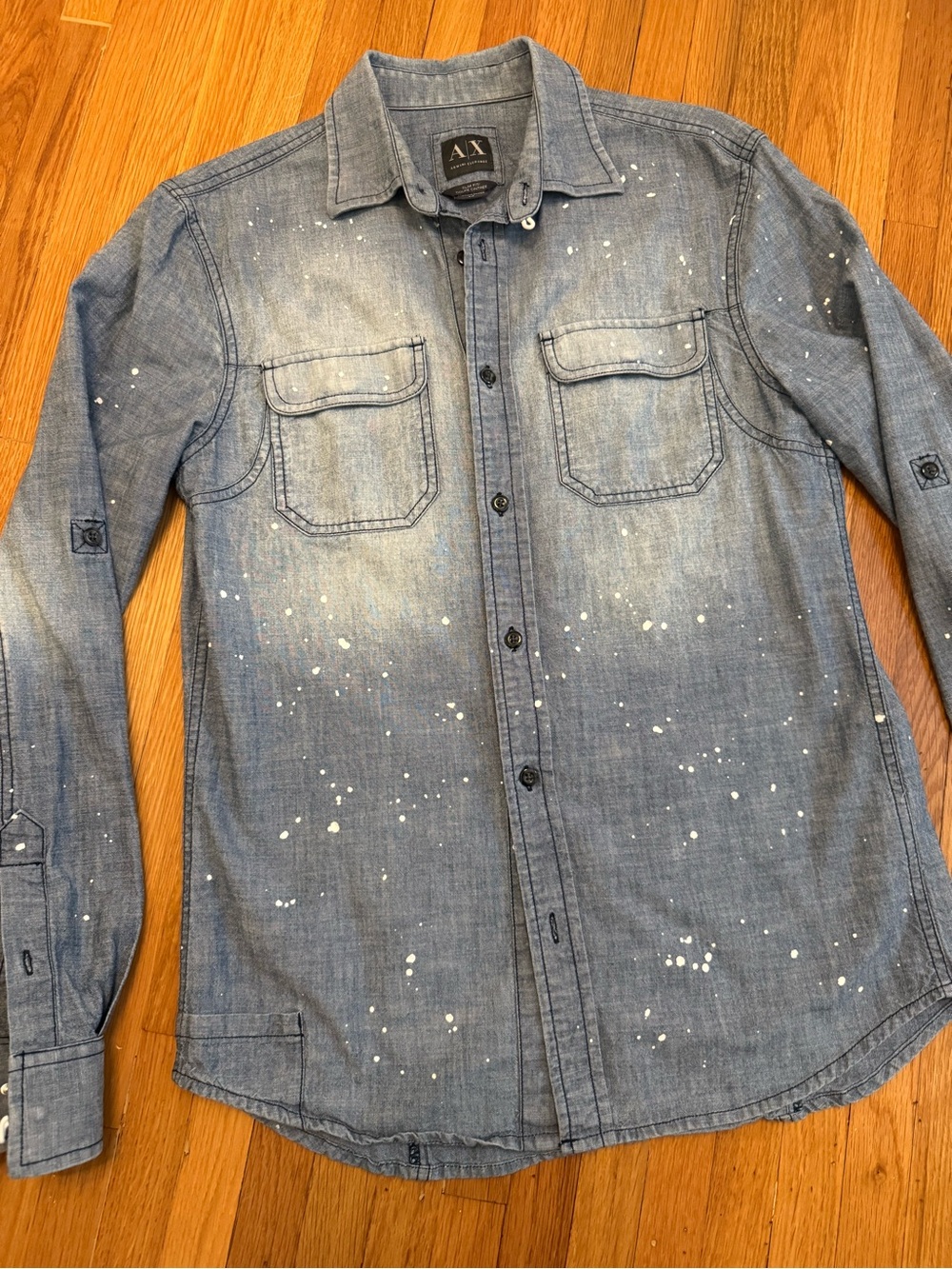 A/X Armani Exchange Slim Fit Blue Denim Paint-Splatter Button-Up Shirt Size S